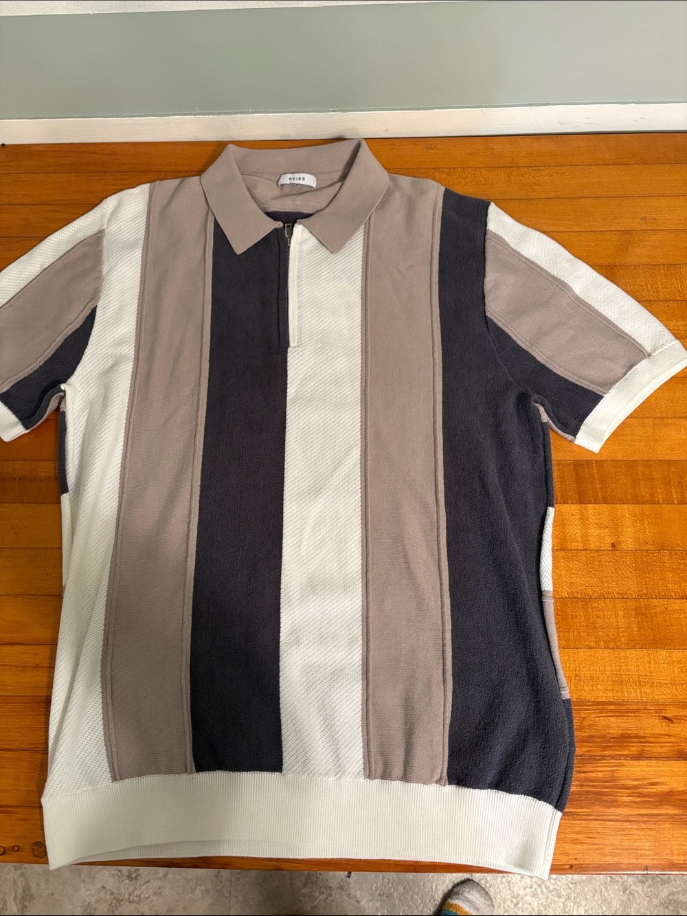 Reiss Men's Vertical Stripe Zip-Neck Polo in Taupe, Black & White